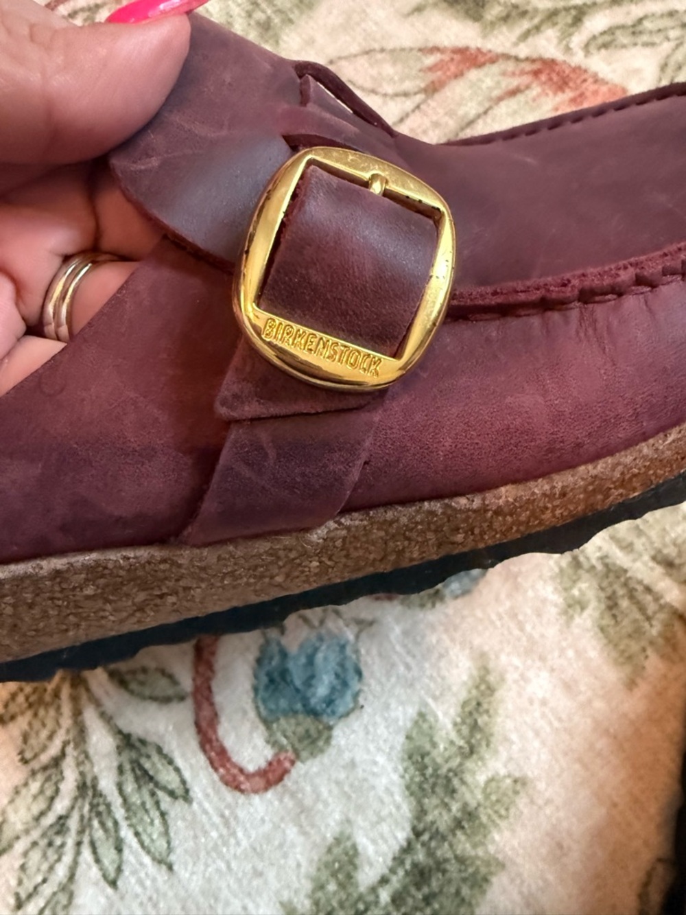 Birkenstock Burgundy Leather Slip-On Loafers with Gold Buckles - Picture 3 of 6